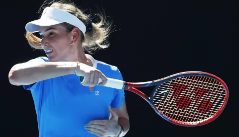 epa11078602 Donna Vekic of Croatia in action during the Women's 1st round match against Anastasia Pavlyuchenkova of Russia at the Australian Open tennis tournament in Melbourne, Australia, 15 January 2024. EPA/MAST IRHAM