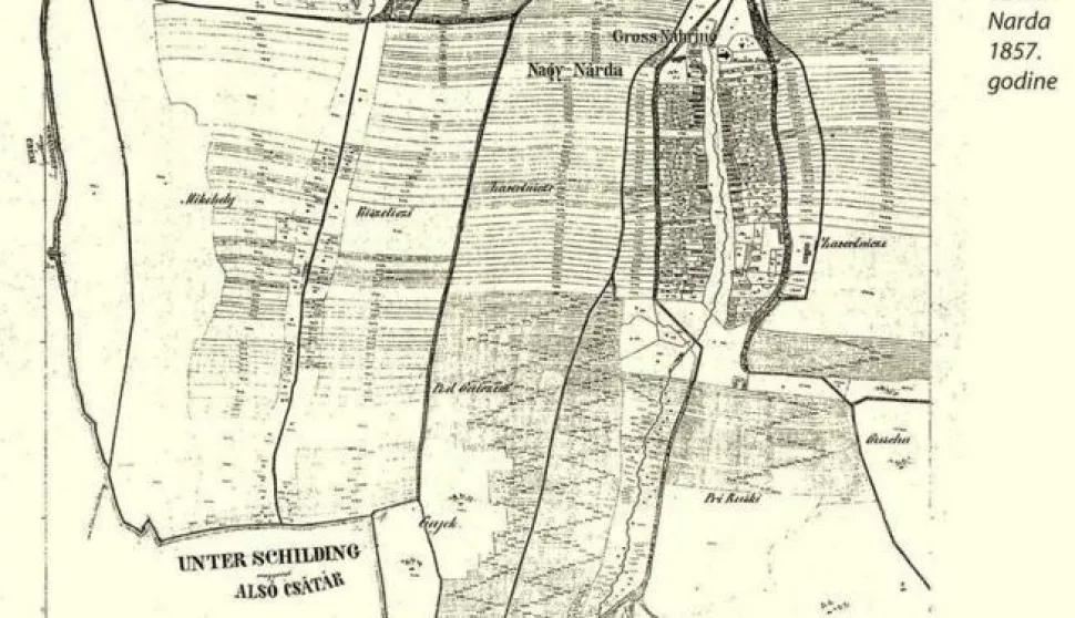 Velika Narda na katastarskoj mapi iz 1857. - primjećuje se da je mnogo usitnjenih parcela

