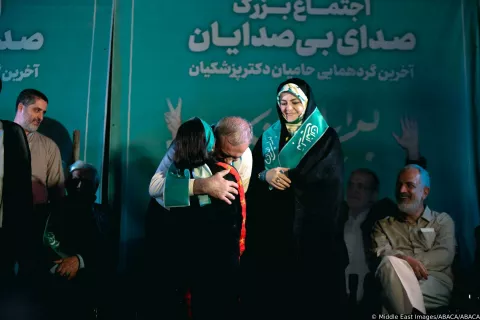 Masoud Pezeshkian one of the two candidates qualifying for the second round of the Iranian presidential election, holds a rally in Tehran, Iran, on July 3, 2024. Iran is holding snap presidential elections to choose the next president after the death of Ebrahim Raisi in a helicopter crash. After the election with a historically low turnout on Friday, Masoud Pezeshkian, Iran's presidential election candidate and former reformist member of the Iranian parliament, and Saeed Jalili, Ultraconservative former nuclear negotiator will face off in a runoff presidential election on July 5. Photo by Saman/Middle East Images/ABACAPRESS.COM Photo: Middle East Images/ABACA/ABACA