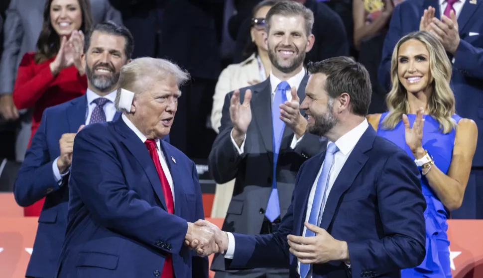 epa11480837 Republican presidential nominee and former President Donald Trump (2-L) with his newly announced running mate, Senator JD Vance (2-R) of Ohio, arrive during the opening night of the Republican National Convention (RNC) at Fiserv Forum in Milwaukee, Wisconsin, USA, 15 July 2024. The convention comes days after a 20-year-old Pennsylvania man attempted to assassinate former president and current Republican presidential nominee Donald Trump. The 2024 Republican National Convention is being held 15 to 18 July 2024 in which delegates of the United States' Republican Party select the party's nominees for president and vice president in the 2024 United States presidential election. EPA/JUSTIN LANE EPA-EFE/JUSTIN LANE EPA-EFE/JUSTIN LANE