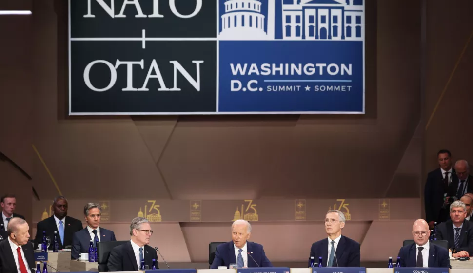 epa11470861 (L-R), Turkey's President Recep Tayyip Erdogan, Keir Starmer, British Prime Minister, US President Joe Biden, NATO Secretary General Jens Stoltenberg, and NATO Secretary of the Council Jorgen Christian Jorgensen, during a working session at the NATO Summit in Washington, DC, USA, 10 July 2024. The 75th Anniversary NATO Summit is taking place in Washington, DC, from 09 to 11 July 2024 and NATO members are using the gathering as an opportunity to project their ongoing support for Ukraine as the country continues to fend off Russian aggression. EPA/TING SHEN/POOL