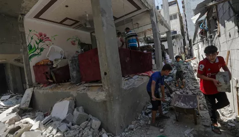 epa11481817 Rubble of the destroyed Abu Safia family house following an Israeli air strike in Al Nusairat refugee camp in the central Gaza Strip on, 16 July 2024. More than 38,000 Palestinians and over 1,400 Israelis have been killed, according to the Palestinian Health Ministry and the Israel Defense Forces (IDF), since Hamas militants launched an attack against Israel from the Gaza Strip on 07 October 2023, and the Israeli operations in Gaza and the West Bank which followed it. EPA/MOHAMMED SABER