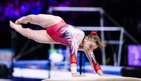 07 October 2023, Belgium, Antwerpen: Gymnastics: World Championship 2023, Women, Final, Vault, Sportpaleis. Shoko Miyata from Japan in action on vault. Photo: Tom Weller/dpa Photo: Tom Weller/DPA