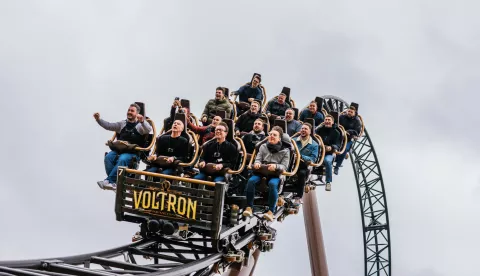 24 April 2024, Baden-W?rttemberg, Rust: Passengers ride the Voltron Nevera roller coaster. The roller coaster "Voltron Nevera powered by Rimac", as it is known in full, is located in the newly built Croatian themed area. According to the operator, the roller coaster can transport around 1600 people per hour. It is scheduled to open to the public on April 26. Photo: Philipp von Ditfurth/dpa Photo: Philipp von Ditfurth/DPA