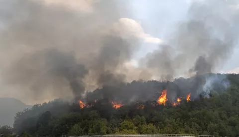 epa11483702 A general view of a forest fire, next to the Krivolak military training ground, near the town of Negotino, North Macedonia, 17 July 2024. Several wildfires swept across northern Macedonia, prompting a 30-day state of emergency. Planes and helicopters from Croatia, Serbia, Slovenia and Turkey have arrived to help fight the fires. Authorities have identified 12 active wildfires burning in the country as of Tuesday morning, July 16. The largest fire was near the town of Negotino, while another blaze was approaching the southern town of Bitola. The region has also been hit by a heat wave since last week, which is forecast to continue for several more days. EPA/GEORGI LICOVSKI