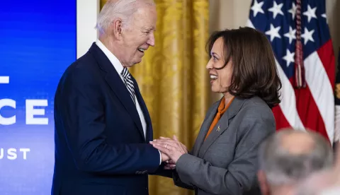 epa11490723 (FILE) - US President Joe Biden (L) and Vice President Kamala Harris (R) speak before Biden signed an executive order to regulate artificial intelligence (A.I.) in the East Room of the White House in Washington, DC, USA, 30 October 2023 (reissued 21 July 2024). Joe Biden on 21 July announced on his X (formerly Twitter) account that he would not seek re-election in November 2024, and endorsed Harris to be the Democrats' new nominee. EPA/JIM LO SCALZO