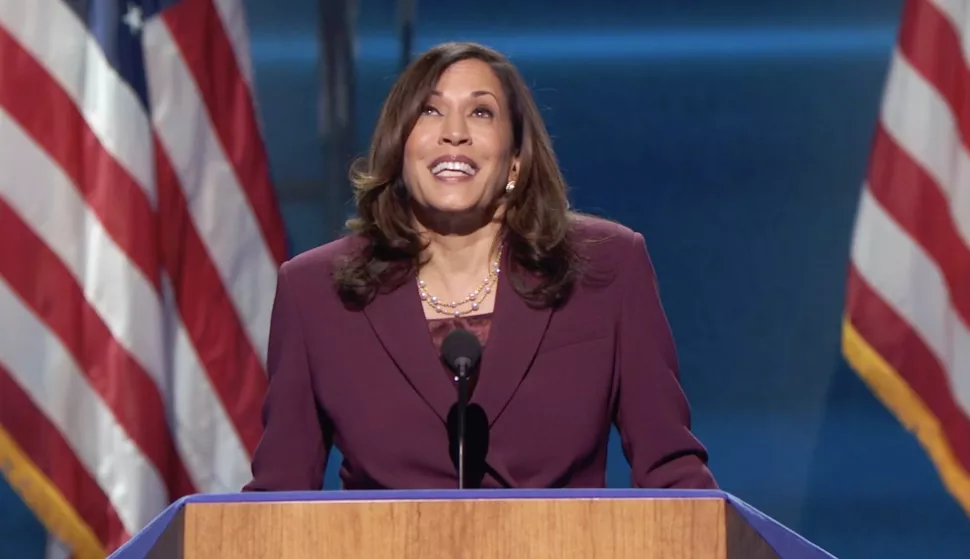 epa08613800 A framegrab from the Democratic National Convention Committee livestream showing Senator Kamala Harris speaking during the third night of the 2020 Democratic National Convention (DNC) in Milwaukee, Wisconsin, USA, 19 August 2020. The convention, which was expected to draw 50,000 people to the city, is now taking place virtually due to coronavirus pandemic concerns. EPA/DNCC