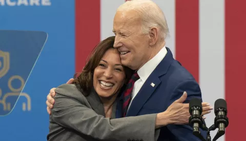 epa11490846 (FILE) - US Vice President Kamala Harris and US President Joe Biden reacts on stage during a campaign event at the Chavis Community Center in Raleigh, North Carolina, USA, 26 March 2024 (reissued 21 July 2024). Joe Biden on 21 July announced on his X (formerly Twitter) account that he would not seek re-election in November 2024, and endorsed Harris to be the Democrats' new nominee. EPA/ALLISON JOYCE