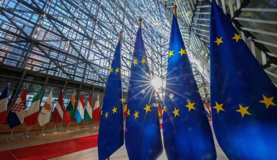 epa11491043 European flags fly at the beginning of European Foreign Affairs Council in Brussels, Belgium, 22 July 2024. EU High Representative for Foreign Affairs and Security Policy Josep Borrell will chair the EU Foreign Affairs Ministers Council on the Russian aggression against Ukraine, after an informal exchange of views with the Minister of Foreign Affairs of Ukraine Dmytro Kuleba, via videoconference. The Council will then have a discussion on the situation in the Middle East and on digital diplomacy. EPA/OLIVIER MATTHYS