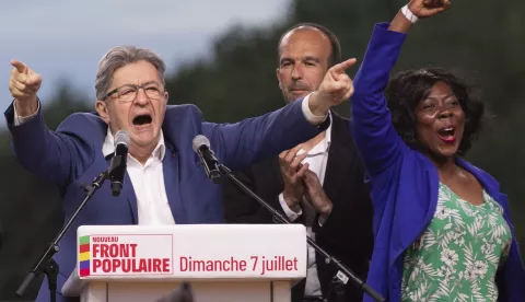 epaselect epa11465954 (L-R) Leader of La France Insoumise (LFI) Jean-Luc Melenchon, LFI President Manuel Bompard and newly re-elected LFI Deputy Daniele Obono react during a speech after the announcement of the results of the second round of the legislative elections in Paris, France, 07 July 2024. France voted in the second round of the legislative elections on 07 July. According to the first official results, the left-wing New Popular Front (Nouveau Front populaire, NFP) was ahead of President Macron's party and Le Pen's far-right National Rally (RN). EPA/ANDRE PAIN