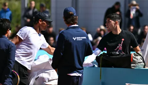 Rafael Nadal (ESP) during practice with Carlos Alcaraz (ESP) at the Mutua Madrid Open in Madrid, Spain, on April 24, 2024. Photo by Corinne Dubreuil/ABACAPRESS.COM Photo: Dubreuil Corinne/ABACA/ABACA