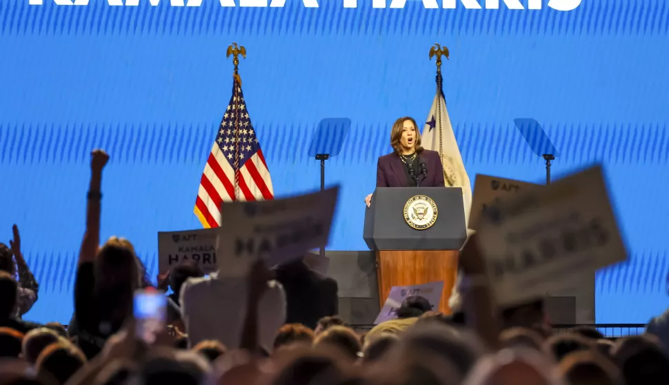 epa11495978 US Vice President Kamala Harris addresses the American Federation of Teachers' 88th national convention during her keynote speech in Houston, Texas, USA, 25 July 2024. US President Joe Biden announced on 21 July he would not seek re-election and endorsed Vice President Harris to be the Democratic Party's new nominee for the US elections in November 2024. EPA/LESLIE PLAZA JOHNSON