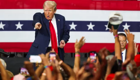 epa11495049 Republican presidential candidate Donald J. Trump speaks during a campaign rally at Bojangles Coliseum in Charlotte, North Carolina, USA, 24 July 2024. EPA/DAVID JENSEN