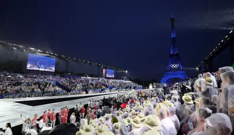 Pariz, 26.07.2024 - Otvaranje Olimpijskih igara Pariz 2024 na Trocadero trgu u Parizu. Na slici Eiffelov toranj i olimpijski krugovi. foto HINA/ POOL/ Damir Senčar/ lsd Photo: Damir Sencar/HINA/POOL/PIXSELL