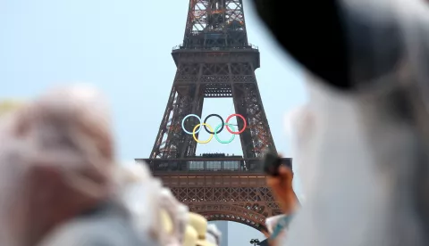 Pariz, 26.07.2024 - Otvaranje Olimpijskih igara Pariz 2024 na Trocadero trgu u Parizu. Na slici Eiffelov toranj i olimpijski krugovi. foto HINA/ POOL/ Damir Senčar/ lsd Photo: Damir Sencar/HINA/POOL/PIXSELL