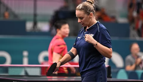 epa11502137 Ivana Malobabic of Croatia competes in a Women Singles Round of 64 match of the Table Tennis competitions in the Paris 2024 Olympic Games, at The South Paris Arena in Paris, France, 28 July 2024. EPA/CAROLINE BLUMBERG