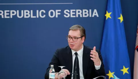 04, February, 2021, Belgrade - Address by the President of the Republic of Serbia, Aleksandar Vucic, and the Prime Minister, Ana Brnabic, to the media after the government session. Aleksandar Vucic. Photo: Milos Tesic/ATAImages 04, februar, 2021, Beograd - Obracanje predsednika Republike Srbije Aleksandra Vucica i premijerke Ane Brnabic medijima posle sednice vlade. Photo: Milos Tesic/ATAImages