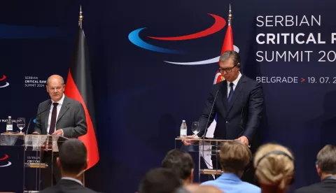 epa11487242 German Chancellor Olaf Scholz (L) talks during the press conference with Serbian President Aleksandar Vucic (R) and Executive Vice-President of the European Commission during the 'Serbian Critical raw materials summit' in Belgrade, Serbia, 19 July 2024. German Chancellor Scholz and EU Commission Vice-President Sefcovic visited Serbia to discuss a major lithium excavation project, aimed at reducing Europe's reliance on China for this critical battery-making resource, despite strong environmental and opposition group criticisms. During the summit, a memorandum of understanding on sustainable raw materials and electric vehicle supply chains was signed, with Serbian officials emphasizing the project's potential benefits for the country's development. EPA/ANDREJ CUKIC