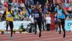 epa07008282 Noah Lyles of USA (C) from Team Americas in action during the Men's 100m at the IAAF Continental Cup athletics meeting in Ostrava, Czech Republic, 09 September 2018. EPA/MARTIN DIVISEK