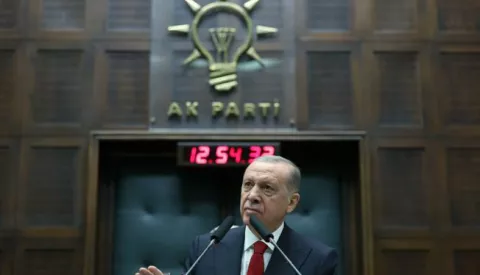 epa10976034 A handout photo made available by the Turkish President Press Office shows Turkish President Recep Tayyip Erdogan addressing members of ruling Justice and Development Party (AKP) at their group meeting at the parliament in Ankara, Turkey, 15 November 2023. EPA/TURKISH PRESIDENT OFFICE HANDOUT HANDOUT EDITORIAL USE ONLY/NO SALES HANDOUT EDITORIAL USE ONLY/NO SALES