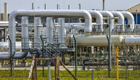 epa10167243 Pipes at the landfall facilities of the 'Nord Stream 2' gas pipeline in Lubmin, Germany, 07 September 2022. Gas supplies are being used by Russia to exert pressure on European nations in response to sanctions imposed after it invaded Ukraine. Gazprom, the Russian state-controlled gas company, closed the Nord Stream 1 pipeline from Russia to Germany. EPA/HANNIBAL HANSCHKE