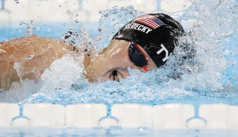 epa11523523 Katie Ledecky of USA competes in the Women 800m Freestyle final of the Swimming competitions in the Paris 2024 Olympic Games, at the Paris La Defense Arena in Paris, France, 03 August 2024. EPA/MAST IRHAM