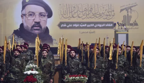 epaselect epa11515262 Hezbollah fighters gather prior to the funeral procession for late senior Hezbollah commander Fuad Shukr, killed in an Israeli strike, in Beirut, Lebanon, 01 August 2024. Hezbollah and the Israel Defense Forces (IDF) confirmed that Shukr was killed in an Israeli strike on 30 July in the Haret Hreik neighborhood of Beirut. Lebanon's state media said at least four people were killed. EPA/WAEL HAMZEH