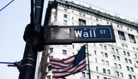 epa10508336 A sign for Wall Street near New York Stock Exchange in New York, New York, USA, 07 March 2023. The Dow Jones industrial average lost 574 points on 07 March following comments by the US Federal Reserve Chairman during testimony to the US Congress that the central bank will likely raise interest rates more that initially anticipated in an effort to lower inflation. EPA/JUSTIN LANE