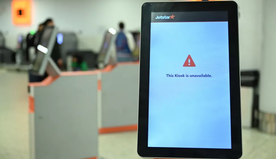 epa11488638 An unavailable self-service kiosk at the Jetstar domestic departures terminal at Melbourne Airport, Melbourne, Australia, 20 July 2024. Companies and institutions around the world have been affected on 19 July by a major computer outage in systems running Microsoft Windows linked to a faulty CrowdStrike cyber-security software update. According to CrowdStrike's CEO, the issue has been identified, isolated and a fix has been deployed. EPA/JAMES ROSS AUSTRALIA AND NEW ZEALAND OUT