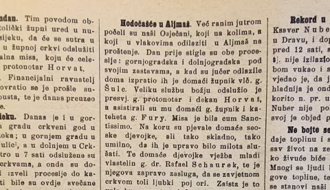 Stranica iz novina Narodna obrana iz 1909. u kojima je i izvješće o odlasku Osječana na proštenje u Aljmaš