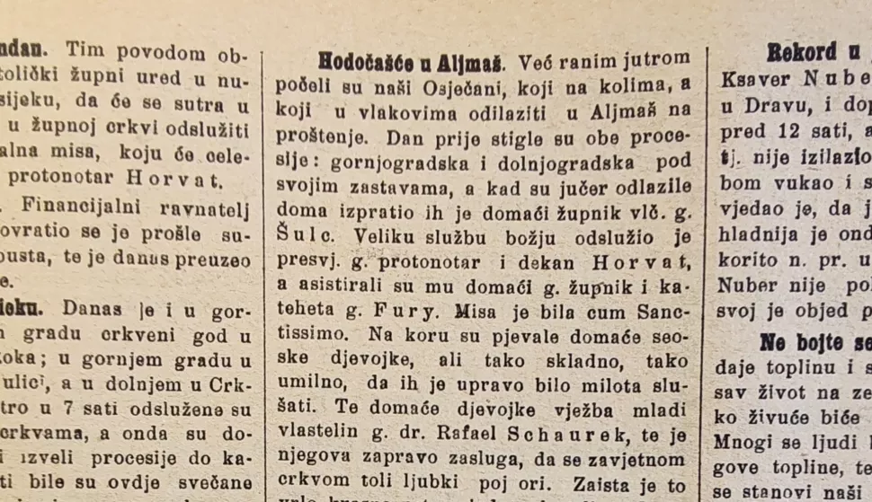 Stranica iz novina Narodna obrana iz 1909. u kojima je i izvješće o odlasku Osječana na proštenje u Aljmaš