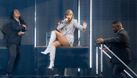 epa11476569 US singer-songwriter Taylor Swift performs on stage during her concert, as part of her 'The Eras Tour', at the San Siro stadium in Milan, Italy, 13 July 2024. The US artist is giving concerts on 13 and 14 July at the San Siro Stadium. EPA/MATTEO BAZZI