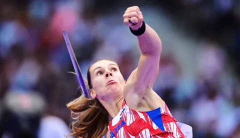 epa11532855 Sara Kolak of Croatia competes in the Women Javelin Throw Qualification of the Athletics competitions in the Paris 2024 Olympic Games, at the Stade de France stadium in Saint Denis, France, 07 August 2024. EPA/CHRISTIAN BRUNA