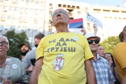 epa11543632 A protestor wears a shirt reading 'I won't let you poison me' during a rally against plans to start mining lithium in Serbia, in Belgrade, Serbia, 10 August 2024. Plans to open lithium mines in Serbia were halted in 2021 after environmental groups started protesting against the proposed projects in different parts of Serbia but several wildlife preservation organizations and NGOs are warning that Rio Tinto and other mining companies have restarted their intentions for operations in the country. EPA/ANDREJ CUKIC