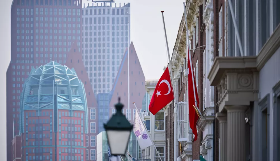 epaselect epa11519133 Flags at half-mast at the Turkish embassy in The Hague, the Netherlands, 02 August 2024. President of Turkey declared a day of national mourning on Friday 02 August, following the death of Palestinian ex-prime minister and Hamas leader Ismail Haniyeh. Erdogan has called for the flag to be flown at half-mast from sunrise to sunset. EPA/PHIL NIJHUIS