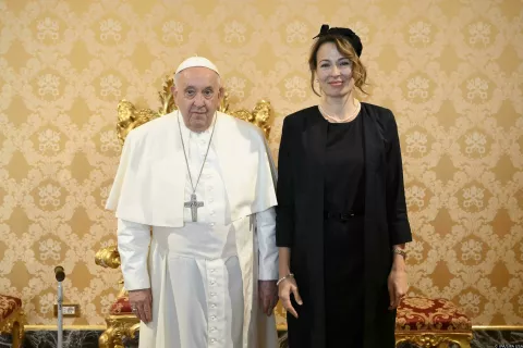 Italy, Rome, Vatican, 2023/11/6. Pope Francis during the Presentation of Letters of Credence of H.E. Ms. Manuela Leimgruber, Ambassador of Switzerland in private audience at the Vatican. Photograph by VATICAN MEDIA/Catholic Press Photo (Photo by VATICAN MEDIA/ipa-agency.net/IPA/Sipa USA) Photo: IPA/SIPA USA