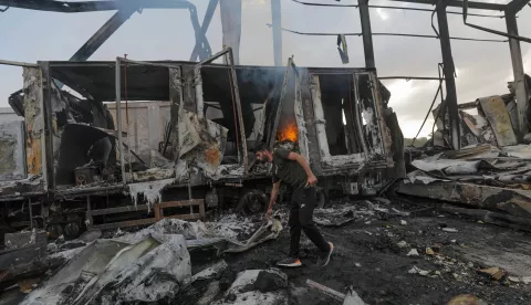 epa11552566 A Palestinian man walks among the rubble following an overnight Israeli airstrike on Al-Zawayda neighborhood, central Gaza Strip, 17 August 2024. According to the Palestinian Civil Defense, more than 15 Palestinians were killed in the airstrike, with a dozen more missing under the rubble of a destroyed building. More than 40,000 Palestinians and at least 1,400 Israelis have been killed, according to the Gaza Government media office and the Israel Defense Forces (IDF), since Hamas militants launched an attack against Israel from the Gaza Strip on 07 October, and the Israeli operations in Gaza and the West Bank which followed it. EPA/MOHAMMED SABER