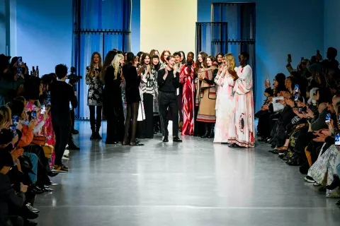 Designer Georg Lux acknowledges the audience during the Léonard Paris Womenswear Fall/Winter 2024-2025 show at Palais de Tokyo as part of Paris Fashion Week on March 01, 2024 in Paris, France. Photo by Shootpix/ABACAPRESS.COM Photo: Shootpix/ABACA/ABACA