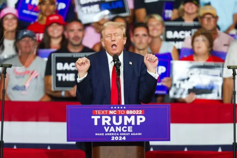 epa11495038 Republican presidential candidate Donald J. Trump gestures during a campaign rally at Bojangles Coliseum in Charlotte, North Carolina, USA, 24 July 2024. EPA/DAVID JENSEN