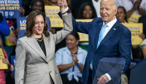 epa11550495 US President Joe Biden (R) and presumptive Democratic Presidential nominee, Vice President Kamala Harris, depart the stage following their remarks on the progress they are making to lower costs for the American people during an event at Prince George's County Community College in Upper Marlboro, Maryland, USA, 15 August 2024. Vice President Harris will deliver remarks on her economic plan during a campaign rally in Raleigh, North Carolina, on 16 August 2024. EPA/SHAWN THEW