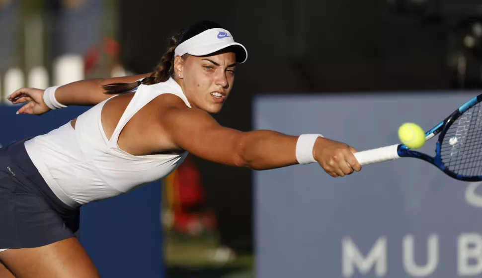 epa09405118 Ana Konjuh of Croatia in action against Danielle Collins of USA during their semi-final of the Women's Mubadala Silicon Valley Classic tennis match at San Jose State University in San Jose, California, USA, 07 August 2021. EPA/JOHN G. MABANGLO