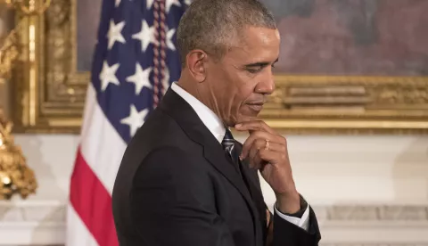 epa07116313 (FILE) - US President Barack Obama listens to remarks from US Vice President Joe Biden (not pictured) after Obama awarded Biden the Presidential Medal of Freedom, in the State Dining Room of the White House, in Washington, DC, USA, 12 January 2017 (reissued 24 October 2018). According to news reports, a suspicious package allegedly containing an explosive device sent to Barack Obama was intercepted by the US Secret Service. EPA/MICHAEL REYNOLDS