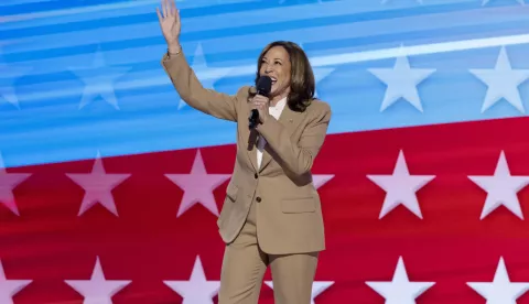 epa11555872 Democratic presidential candidate US Vice President Kamala Harris speaks during the opening night of the Democratic National Convention (DNC) at the United Center in Chicago, Illinois, USA, 19 August 2024. The 2024 Democratic National Convention is being held from 19 to 22 August 2024, during which delegates of the United States' Democratic Party will vote on the party's platform and ceremonially vote for the party's nominee for president, Vice President Kamala Harris, and for vice president, Governor Tim Walz of Minnesota, for the upcoming presidential election. EPA/MICHAEL REYNOLDS