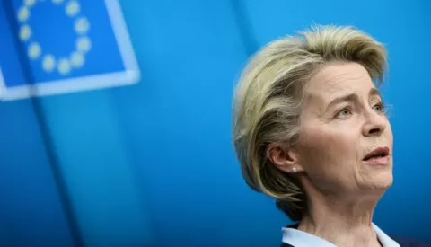 epa09037989 European Commission President Ursula von der Leyen speaks during a news conference following a video conference on security and defence and on the EU's Southern Neighborhood with European leaders and NATO Secretary General  Stoltenberg in Brussels, Belgium, 26 February 2021. EPA/JOHANNA GERON/POOL