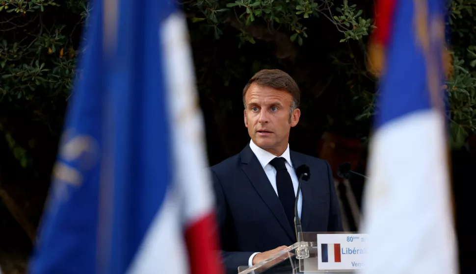 epa11553263 French President Emmanuel Macron speaks during a ceremony to commemorate the 80th anniversary of the liberation of the village Bormes-les-Mimosas, France, 17 August 2024. Bormes-les-Mimosas was liberated by the Allied forces on 17 August 1944 following the Provence landings as part of 'Operation Dragoon' to liberate southern France. EPA/MANON CRUZ/POOL MAXPPP OUT