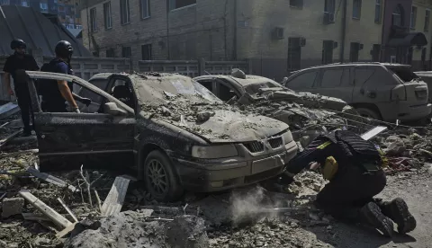 epa11530226 The scene of a Russian rocket strike in downtown Kharkiv, northeastern Ukraine, 06 August 2024. At least eight people were injured, including one eight-month-old child, after a Russian rocket hit downtown Kharkiv according to the National Police report. Russian troops entered Ukrainian territory on 24 February 2022, starting a conflict that has provoked destruction and a humanitarian crisis. EPA/SERGEY KOZLOV