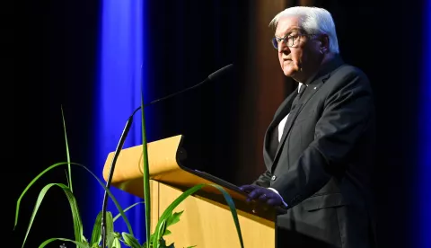 epa11577243 President of Germany Frank-Walter Steinmeier speaks during a memorial service for the victims of a knife attack in Solingen, Germany, 01 Sep 2024. A man stabbed passers-by at random with a knife during the city festival in Solingen on 23 August 2024 evening. Three people have been killed and eight others injured, five of them seriously, in the knife attack, police said. EPA/KATRIN HAUTER/POOL