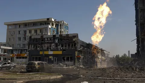 epaselect epa11577836 Ukrainian rescuers work at the site of a missile strike on a shopping mall in Kharkiv, northeastern Ukraine, 01 September 2024, amid the Russian invasion. At least 40 people have been injured, including five children, after a Russian rocket attack hit several civilian sites in Kharkiv, the head of the Kharkiv Military Administration Oleg Synegubov wrote on telegram. Russian troops entered Ukrainian territory on 24 February 2022, starting a conflict that has provoked destruction and a humanitarian crisis. EPA/SERGEY KOZLOV