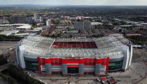 epa11551672 An aerial photograph taken by drone of Old Trafford stadium ahead of the English Premier League match between Manchester United and Fulham in Manchester, Britain, 16 August 2024. EPA/ADAM VAUGHAN