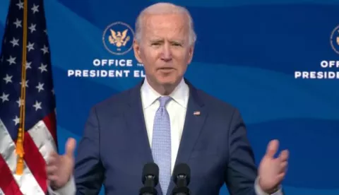 United States President-elect Joe Biden delivers remarks from the Queen Theatre in Wilmington, Delaware on the unrest in and around the US Capitol in Wilmington, Delaware on Wednesday, January 6, 2021. In his remarks Biden condemned Trump for inciting the violence.Credit: Biden Transition via CNP | usage worldwide /DPA/PIXSELL